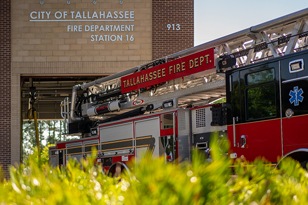 Ladder truck leaving the station